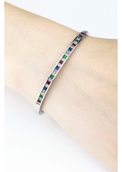 Zirkon Renkli Taşlı, Paslanmaz Çelik Kelepçe 177, Gümüş Renk