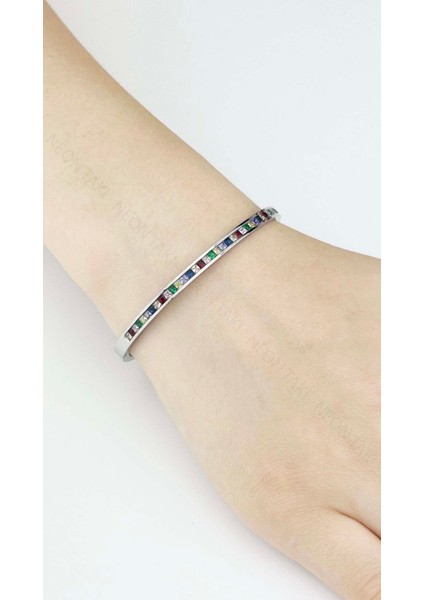 Zirkon Renkli Taşlı, Paslanmaz Çelik Kelepçe 177, Gümüş Renk fiyatları