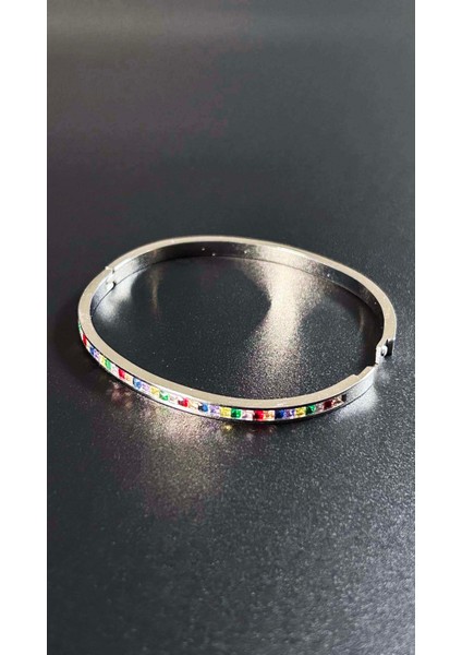 Zirkon Renkli Taşlı, Paslanmaz Çelik Kelepçe 177, Gümüş Renk modelleri