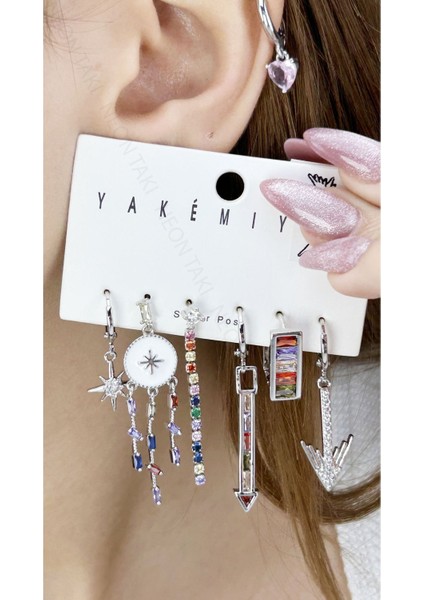 Çoklu, Zirkon Taşlı, Gümüş Pimli, Çelik Küpe 611, Gümüş Renk