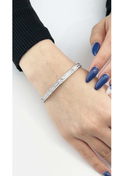 Zirkon Taşlı, Paslanmaz Çelik Kelepçe Bileklik 85, Gümüş Renk