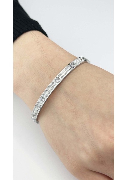 Zirkon Taşlı, Paslanmaz Çelik Kelepçe Bileklik 85, Gümüş Renk fiyatları