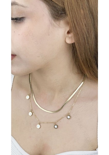 İtalyan Zincirli, Roma Rakamlı, İkili Paslanmaz Çelik Kolye 398, Altın Renk