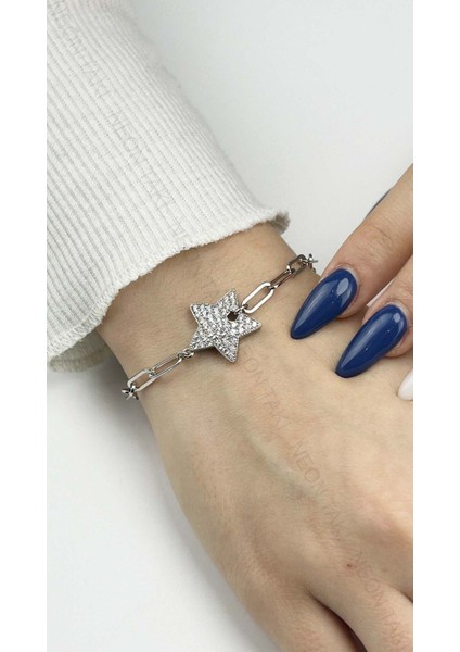 Zirkon Taşlı, Gümüş Kaplama, Yıldız , Paslanmaz Bileklik 477, Gümüş Renk