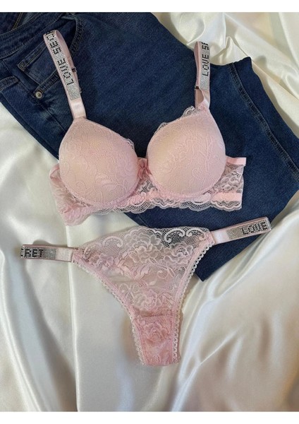 Kadın Pembe Dantelli Taşlı Balenli Destekli Dolgulu Push Up Sütyen Takımı Iç Çamaşırı Takımı