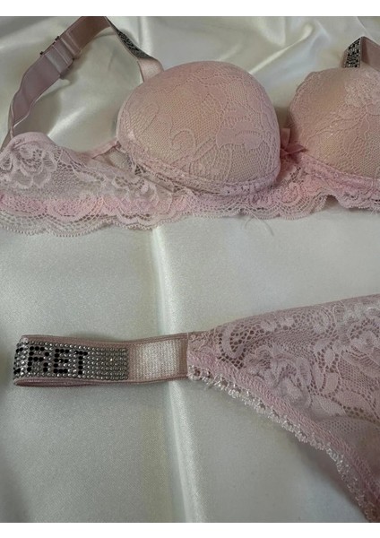 Kadın Pembe Dantelli Taşlı Balenli Destekli Dolgulu Push Up Sütyen Takımı Iç Çamaşırı Takımı fiyatları