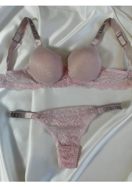 Kadın Pembe Dantelli Taşlı Balenli Destekli Dolgulu Push Up Sütyen Takımı Iç Çamaşırı Takımı modelleri