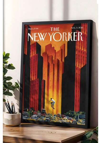 The New Yorker Çerçeveli Tablo August 3 2015 - Mark Ulriksen Yaz Sıcağında Kaykaycı Tablosu