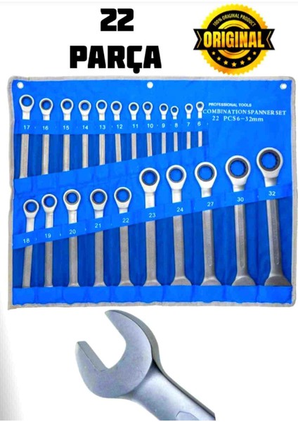 22 Parça 6125 6-32 mm Cırcır Kombine Anahtar Takımı (Bez Çanta) Cıvata Sıkma Sökme Araç Anahtar Seti