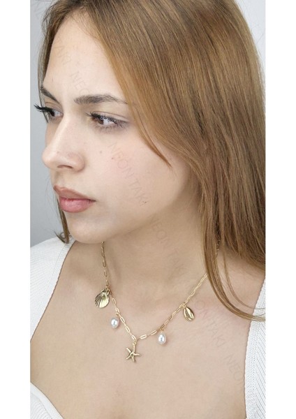 Deniz Yıldızı, İnci, Midye, Paslanmaz Çelik Charm Şans Kolye 362, Altın Renk