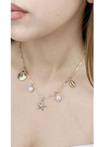 Deniz Yıldızı, İnci, Midye, Paslanmaz Çelik Charm Şans Kolye 362, Altın Renk fiyatları