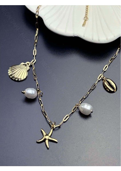 Deniz Yıldızı, İnci, Midye, Paslanmaz Çelik Charm Şans Kolye 362, Altın Renk modelleri