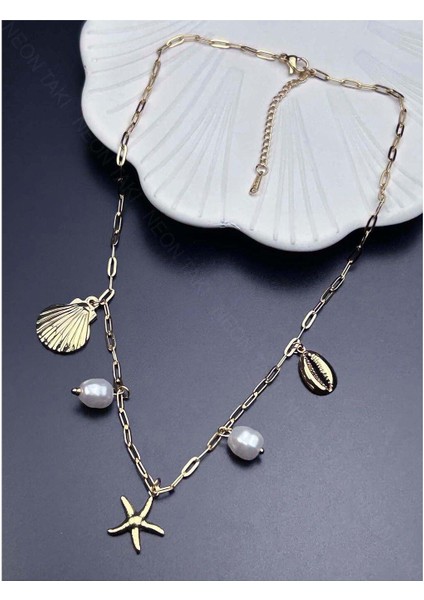 Deniz Yıldızı, İnci, Midye, Paslanmaz Çelik Charm Şans Kolye 362, Altın Renk fırsatları