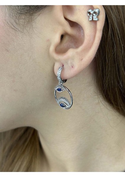 Zirkon Taşlı, Göz Figürlü, Platinyum Kaplama Paslanmaz Küpe 456, Gümüş Renk