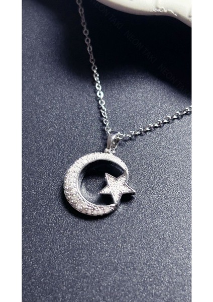 Zirkon Taşlı, Ay Yıldızlı, Paslanmaz Çelik Kolye 402, Gümüş Renk