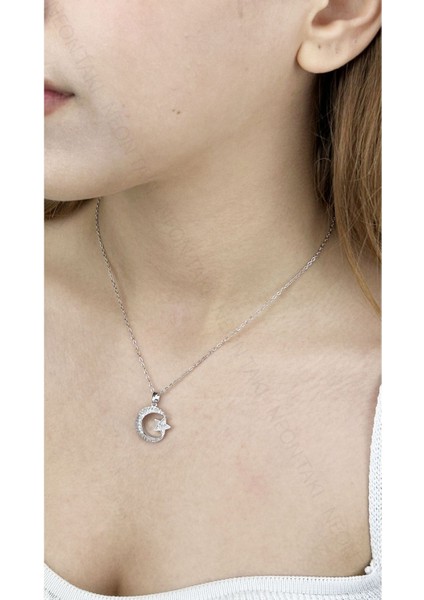 Zirkon Taşlı, Ay Yıldızlı, Paslanmaz Çelik Kolye 402, Gümüş Renk modelleri