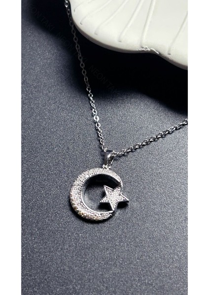 Zirkon Taşlı, Ay Yıldızlı, Paslanmaz Çelik Kolye 402, Gümüş Renk fırsatları