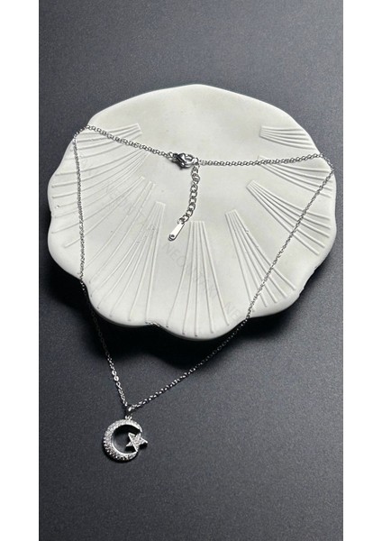 Zirkon Taşlı, Ay Yıldızlı, Paslanmaz Çelik Kolye 402, Gümüş Renk indirimleri