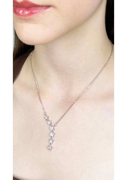 Zirkon Taşlı Yıldızlı Y kolye, Paslanmaz Çelik Kolye 408, Gümüş Renk