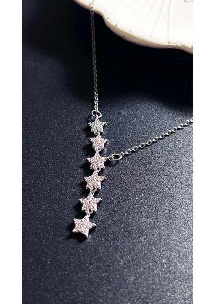 Zirkon Taşlı Yıldızlı Y kolye, Paslanmaz Çelik Kolye 408, Gümüş Renk modelleri