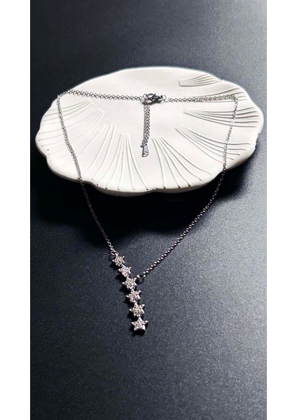 Zirkon Taşlı Yıldızlı Y kolye, Paslanmaz Çelik Kolye 408, Gümüş Renk fırsatları