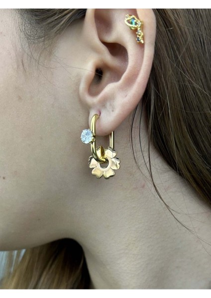 Küpe, Zirkon Taşlı, Kararmayan Paslanmaz Çelik, Çiçek Detaylı, Altın Renk, Model77