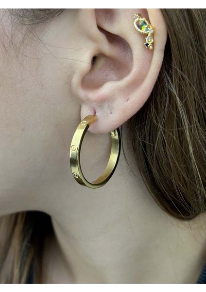 Zirkon Taşlı, Tiff Model, Halka Model, Paslanmaz Çelik Küpe 440, Altın Renk