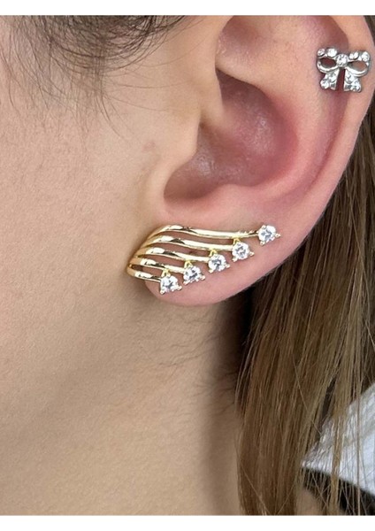 Zirkon Taşlı, Çoklu Tekli Iğneli, Paslanmaz Çelik Küpe 559, Altın Renk