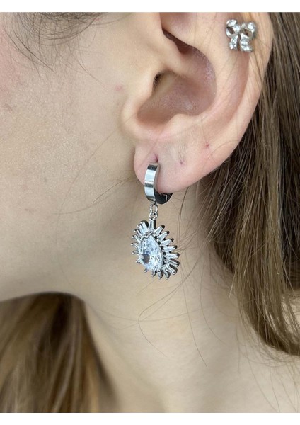 Küpe, Zirkon Taşlı, Kararmayan Paslanmaz Çelik, Sallantılı, Gümüş Renk, Model490