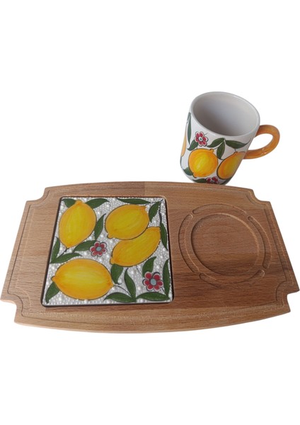 El Yapımı Limon Desenli Tek Kişilik Ahşap Sunumluk Fincan modelleri