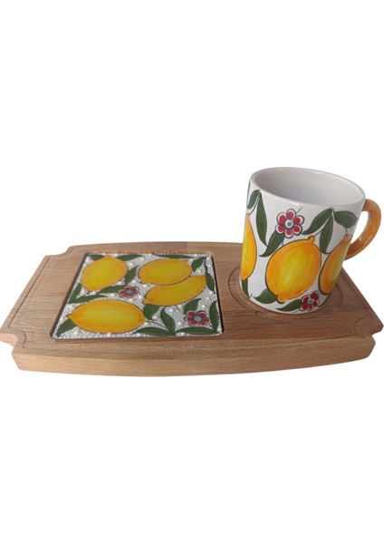 El Yapımı Limon Desenli Tek Kişilik Ahşap Sunumluk Fincan fırsatları