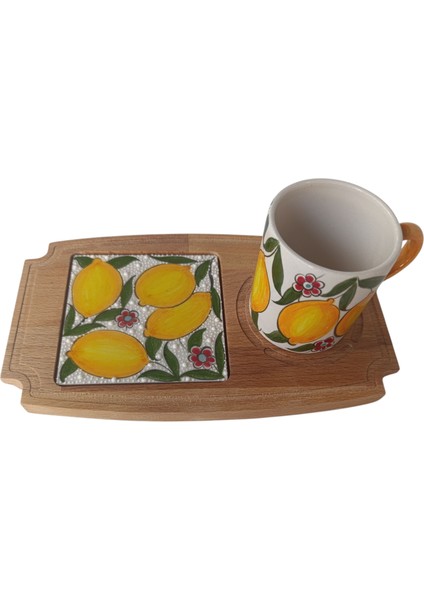 El Yapımı Limon Desenli Tek Kişilik Ahşap Sunumluk Fincan