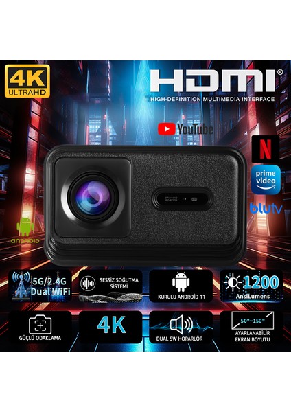 Lensun New 13 Projeksiyon Cihazı 4K Görüntü - Wifi Bluetooth Destekli - Android Kurulu Android Tv - Dahili Hoparlör - Kumandadan Odak - Dahili Hafıza