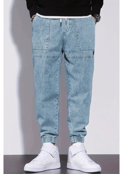 Erkek Mavi Beli ve Paçası Lastikli Regular Fit Rahat Kesim Jean Denim Kot Pantolon RF0483 fırsatları