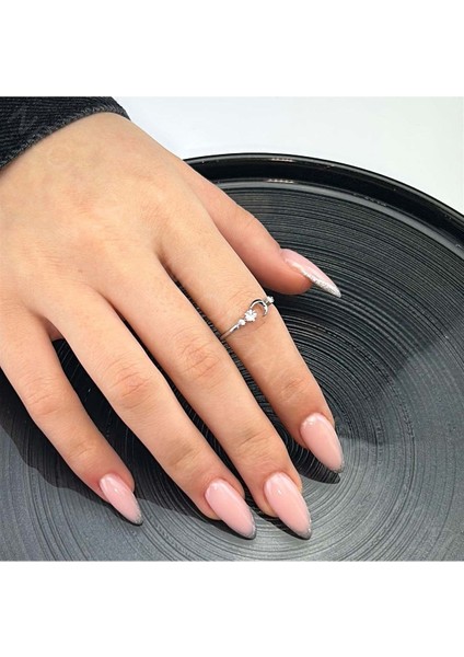 Yüzük, Zirkon Taşlı, Kararmayan Paslanmaz, Ay ve Yıldız, Ölçü Ayarlanabilir, Gümüş Renk, Model98