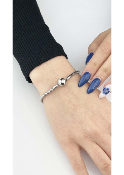 Charm Taşıyıcı, Paslanmaz Çelik, Pan Bileklik 141, Küre Klipsli, 17cm, Gümüş renk