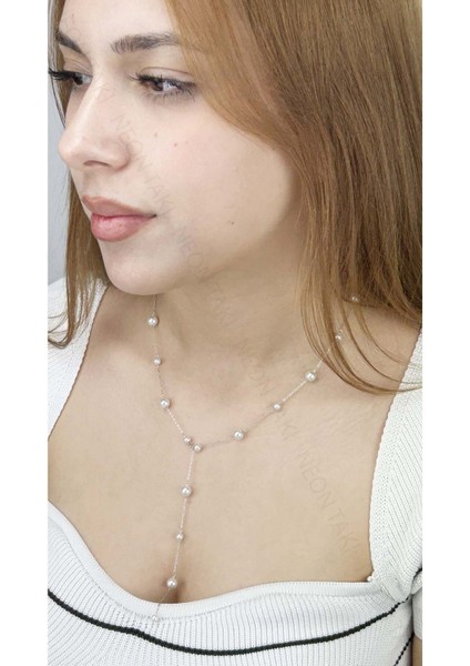 Sallantılı, İncili Paslanmaz Çelik Kolye 364, Gümüş Renk