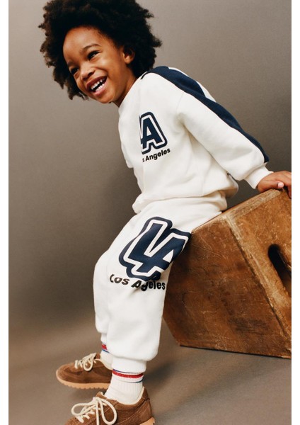 Erkek Çocuk Pamuklu Beyaz La Baskılı Sweatshirt Eşofman Alt-Üst Takım