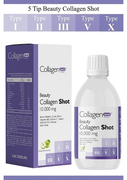 Colagen Platinum Shot 500ML, 5 Tip Sıvı Kolajen, Biotin, Vitamin B12, C Vitamini, Bakır, Retinol & Çinko