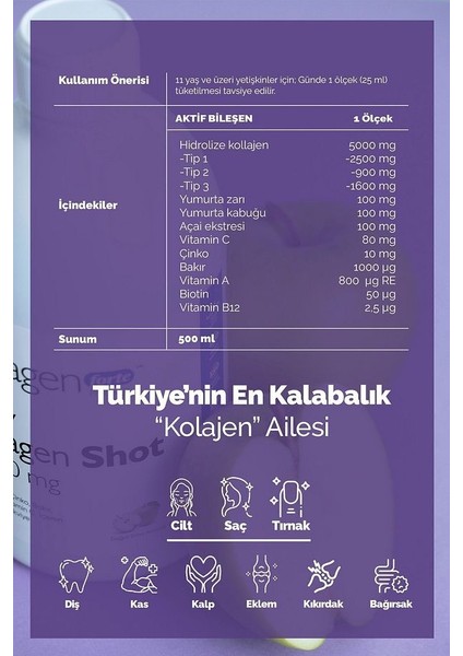 Colagen Platinum Shot 500ML, 5 Tip Sıvı Kolajen, Biotin, Vitamin B12, C Vitamini, Bakır, Retinol & Çinko fırsatları