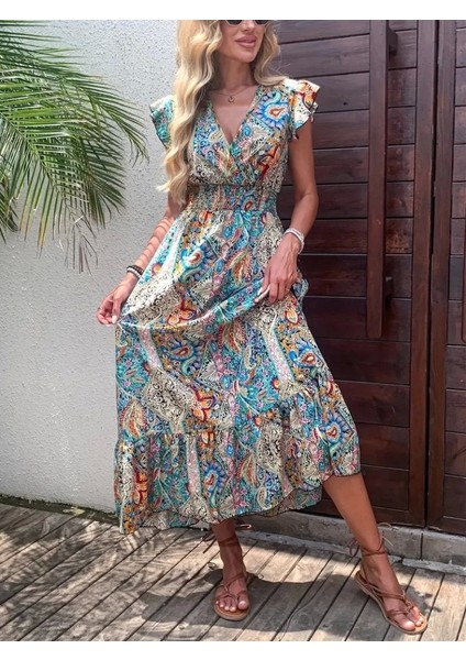 Kadın Kısa Kollu Kruvaze Yakalı Desenli Maxi Elbise