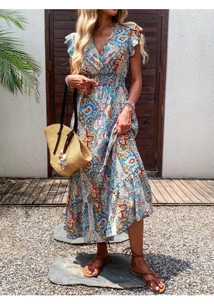 Kadın Kısa Kollu Kruvaze Yakalı Desenli Maxi Elbise fiyatları