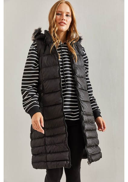 Kadın Kapişonu Kürklü Cep Desenli Uzun Yelek indirimleri