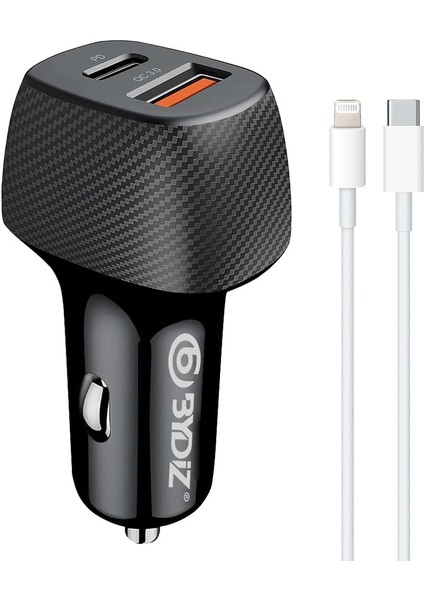 BY-38L Hızlı Araç Şarj Cihazı 38W Araba Çakmaklık Şarj Aleti + Lightning Kablo USB + Pd Girişli Iphone 14/13/12/12 Pro Max/11/xs Max/xr/x,airpods Pro