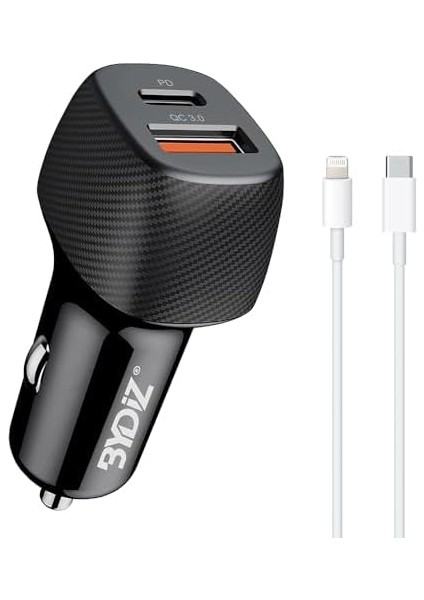 BY-38L Hızlı Araç Şarj Cihazı 38W Araba Çakmaklık Şarj Aleti + Lightning Kablo USB + Pd Girişli Iphone 14/13/12/12 Pro Max/11/xs Max/xr/x,airpods Pro modelleri