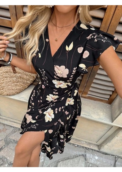 Kadın Kısa Kelebek Kollu Kruvaze Yakalı Belden Kuşaklı Midi Süprem Elbise indirimleri