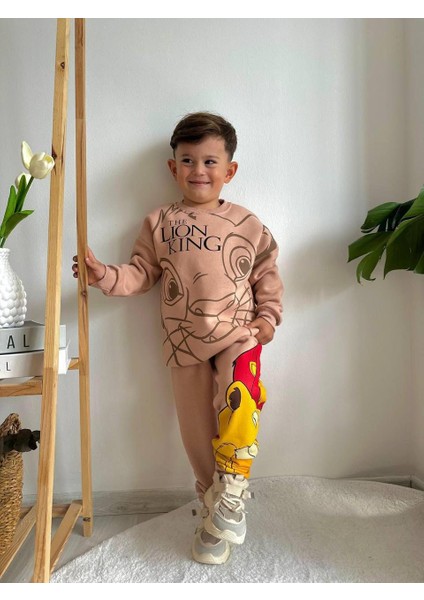 Erkek Çocuk Pamuklu Aslan Baskılı 2li Pamuklu Eşofman Takım 2li Alt Üst Takım