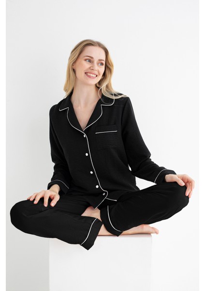 Kadın Aerobin Pijama Takımı – Siyah & Açık Pembe, Düğmeli Cep ve Biyeli Manşet Detaylı fiyatları