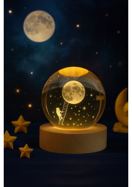3D Ay Merdiveni Temalı Kristal Küre Gün Işığı LED Gece Lambası – Usb'li Ahşap Standlı LED Lamba fiyatları