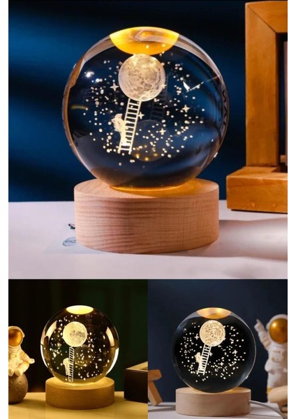 3D Ay Merdiveni Temalı Kristal Küre Gün Işığı LED Gece Lambası – Usb'li Ahşap Standlı LED Lamba fırsatları